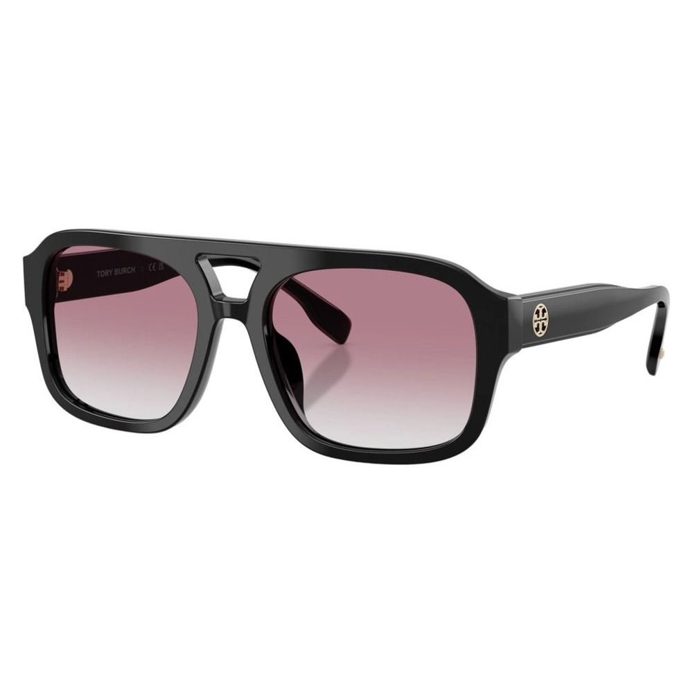 NEW Tory Burch Sunglasses Black Gray Gradient Violet Lens Aviator Gold Logo